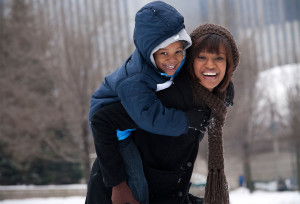 Woman and Child, Smiling, Outdoors, Winter Season